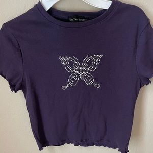 Purple Y2K Rhinestone Butterfly Crop Top